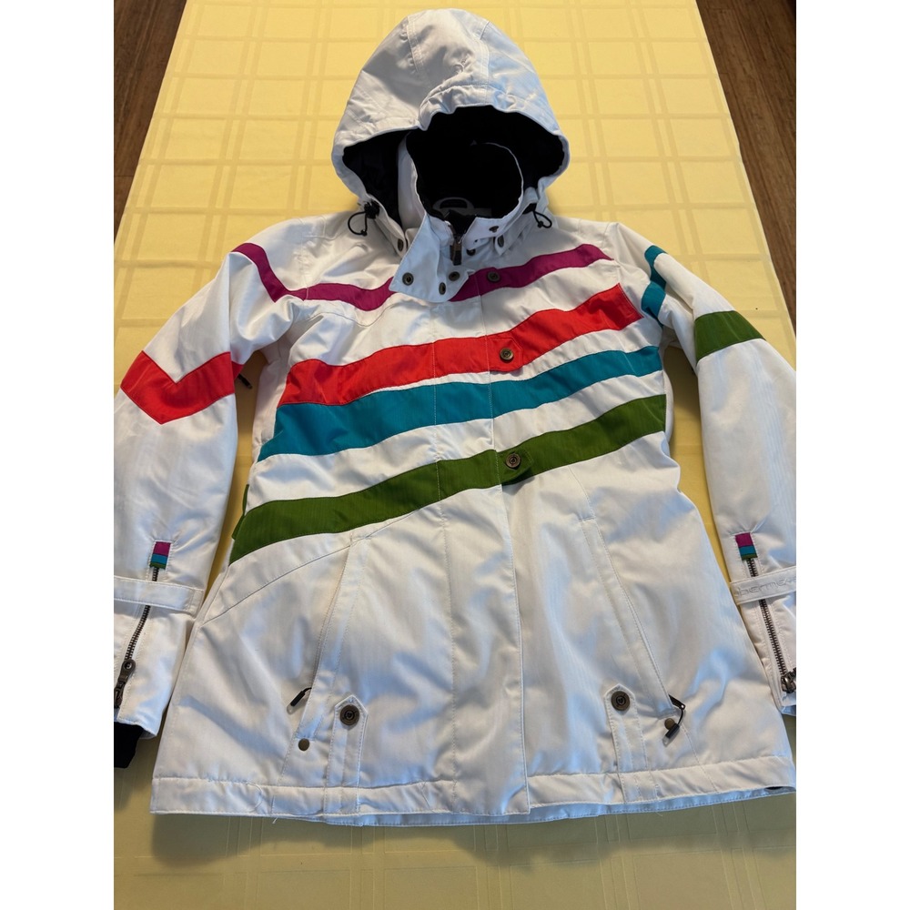 Obermeyer Womens Ski Jacket White Multi Stripe Hooded Winter Coat Sz 8 medium